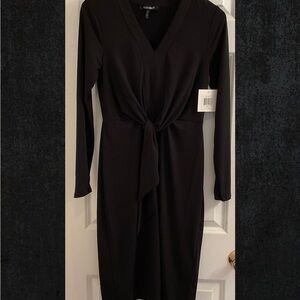 Ellen Tracy Long Sleeve Tie Waist Matte Jersey Dress - NWT - Size Small - Black